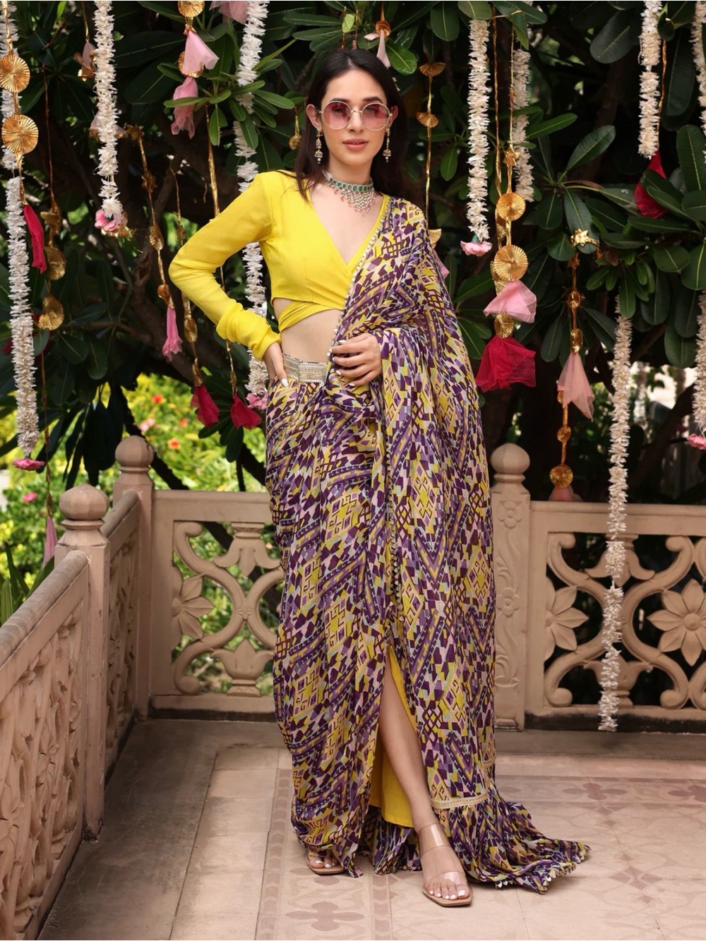 Yellow & Purple Printed Pre draped Saree with Yellow Blouse